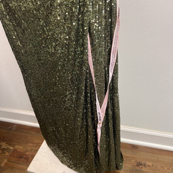 Ieena Mac Duggal Olive Green Sequin One-Shoulder Side Slit Gown Size 6 $398 - Picture 6 of 15
